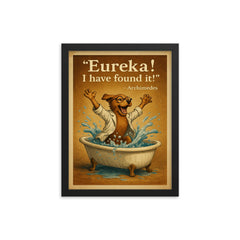 excited scientist dog archimedes eureka jumping from bathtub water displacement framed print on a plain backdrop in size 12"x16".