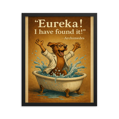 excited scientist dog archimedes eureka jumping from bathtub water displacement framed print on a plain backdrop in size 16"x20".