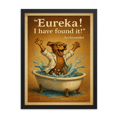 excited scientist dog archimedes eureka jumping from bathtub water displacement framed print on a plain backdrop in size 18"x24".