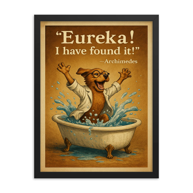 excited scientist dog archimedes eureka jumping from bathtub water displacement framed print on a plain backdrop in size 18
