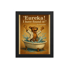 excited scientist dog archimedes eureka jumping from bathtub water displacement framed print on a plain backdrop in size 8"x10".