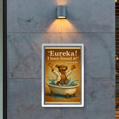 excited scientist dog archimedes eureka jumping from bathtub water displacement poster 2