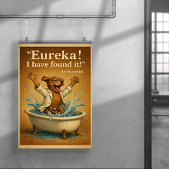 excited scientist dog archimedes eureka jumping from bathtub water displacement poster 4