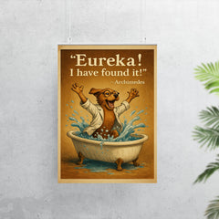 excited scientist dog archimedes eureka jumping from bathtub water displacement poster 7