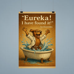 excited scientist dog archimedes eureka jumping from bathtub water displacement poster 9