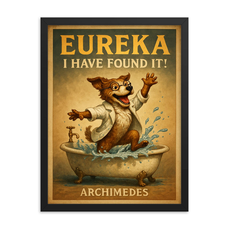 Excited scientist dog jumps from bathtub shouting Eureka like Archimedes discovery framed print on a plain backdrop in size 18