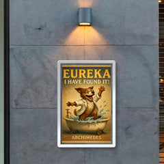 Excited scientist dog jumps from bathtub shouting Eureka like Archimedes discovery poster 2