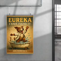 Excited scientist dog jumps from bathtub shouting Eureka like Archimedes discovery poster 4