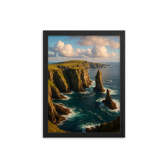 Fair Isle Sea Cliffs Scotland framed print on a plain backdrop in size 12"x16".