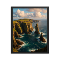 Fair Isle Sea Cliffs Scotland framed print on a plain backdrop in size 16"x20".