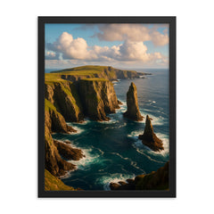 Fair Isle Sea Cliffs Scotland framed print on a plain backdrop in size 18"x24".