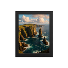 Fair Isle Sea Cliffs Scotland framed print on a plain backdrop in size 8"x10".