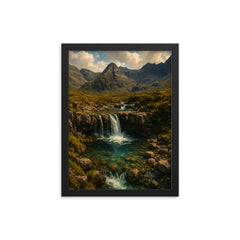 Fairy Pools Isle of Skye Scotland framed print on a plain backdrop in size 12"x16".