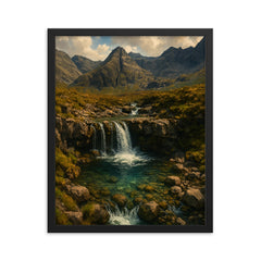 Fairy Pools Isle of Skye Scotland framed print on a plain backdrop in size 16"x20".
