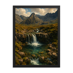 Fairy Pools Isle of Skye Scotland framed print on a plain backdrop in size 18"x24".