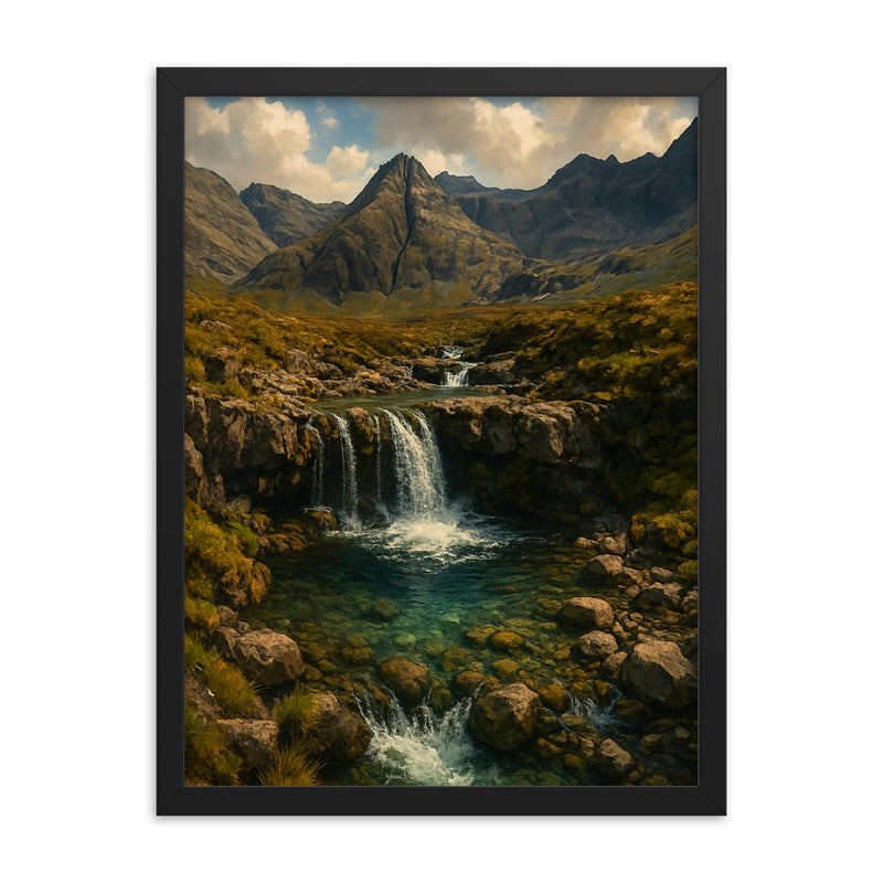 Fairy Pools Isle of Skye Scotland framed print on a plain backdrop in size 18