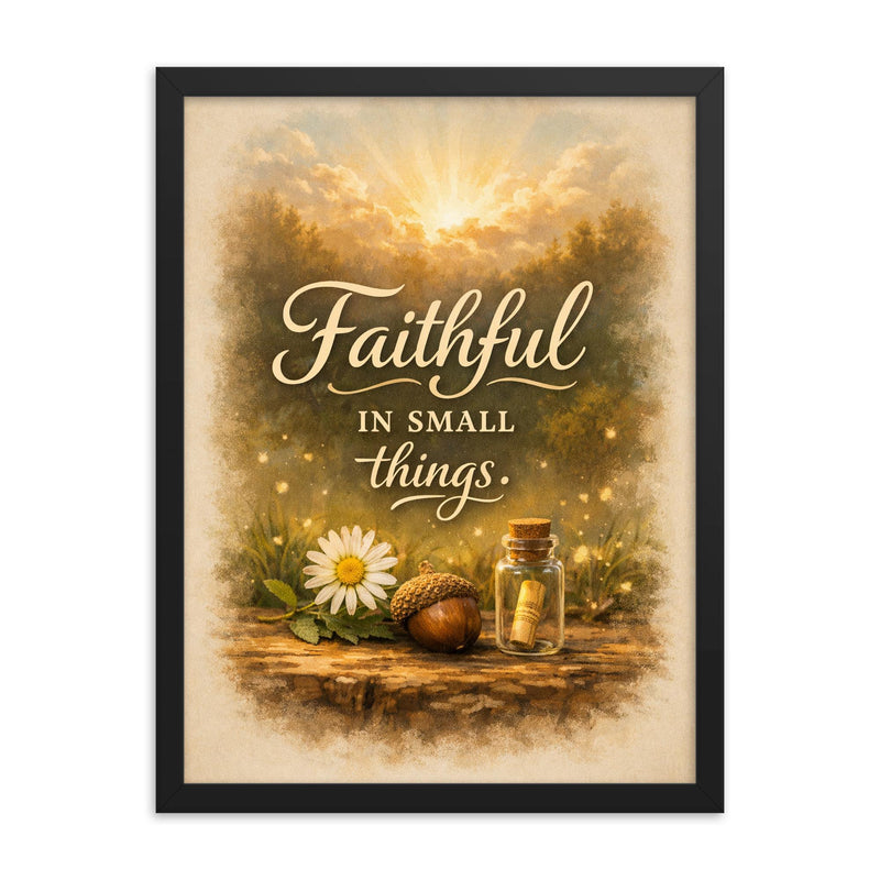 Faithful in small things framed print on a plain backdrop in size 18
