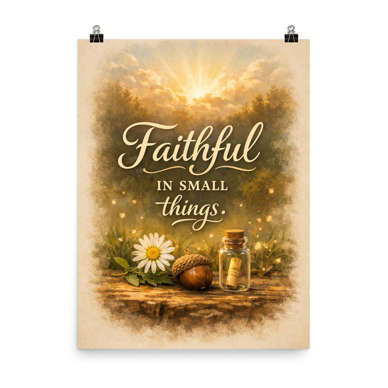 Faithful in small things poster on a plain backdrop in size 8