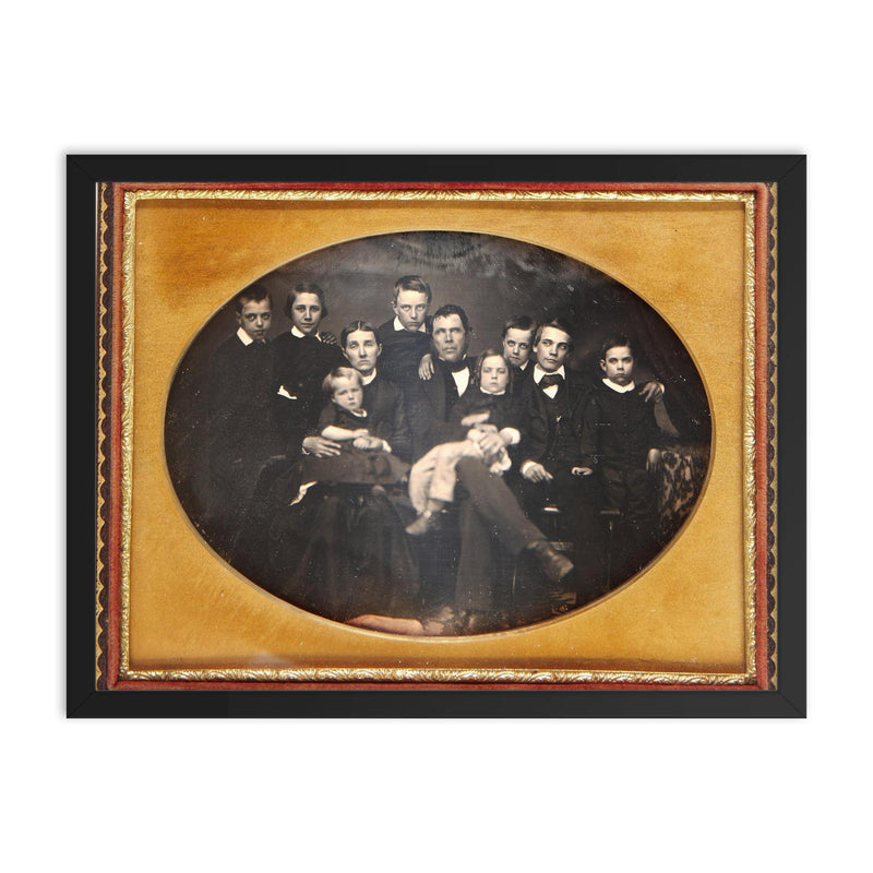 Family Portrait, 1854: 7 Boys, 1 Girl, Father and Exhausted Mother framed print on a plain backdrop in size 18