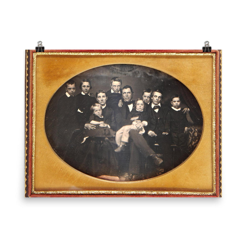Family Portrait, 1854: 7 Boys, 1 Girl, Father and Exhausted Mother poster on a plain backdrop in size 8