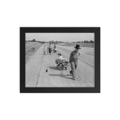 Family walking on highway by Dorothea Lange framed print on a plain backdrop in size 8"x10".