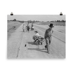 Family walking on highway by Dorothea Lange poster on a plain backdrop in size 8"x10".