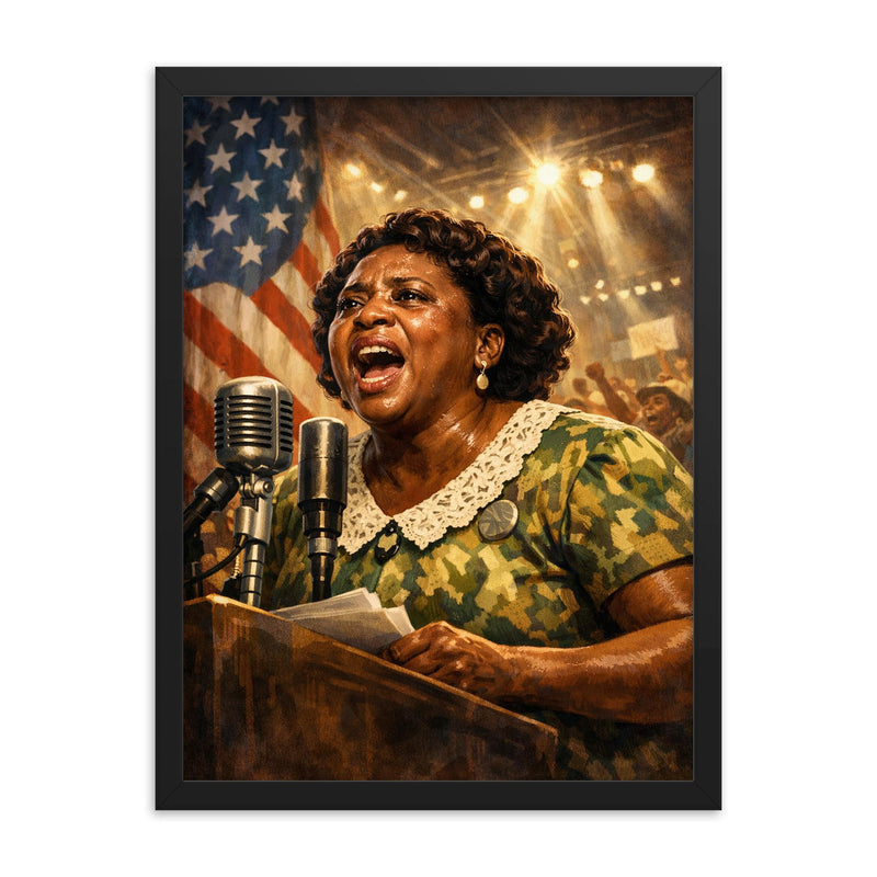 Fannie Lou Hamer at convention microphone framed print on a plain backdrop in size 18