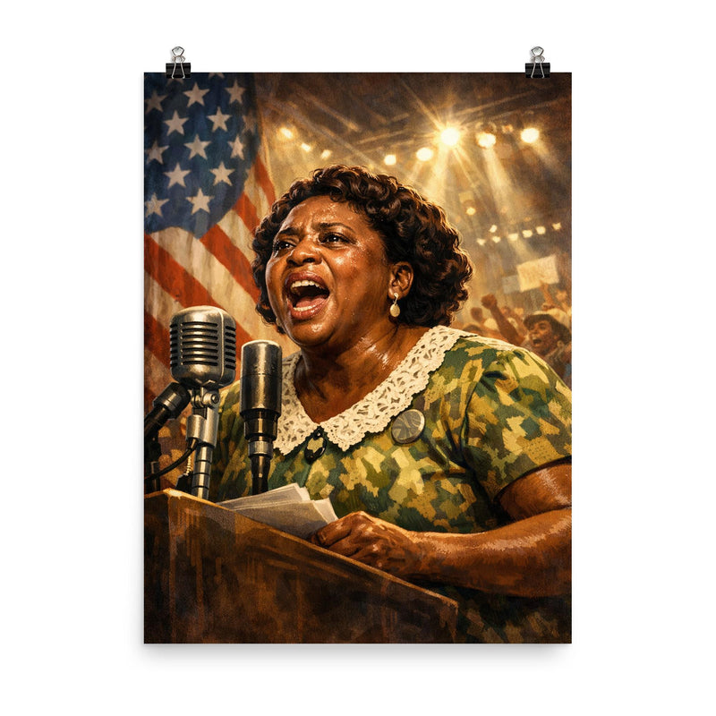 Fannie Lou Hamer at convention microphone poster on a plain backdrop in size 8