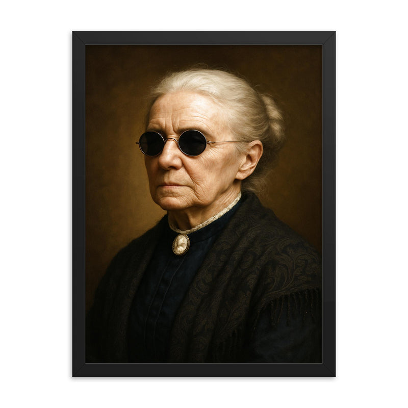 Fanny Crosby portrait framed print on a plain backdrop in size 18