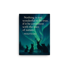 Faraday quote nothing too wonderful amazed animals watching aurora borealis canvas print on a plain backdrop in size 12"x16".