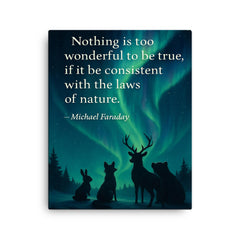 Faraday quote nothing too wonderful amazed animals watching aurora borealis canvas print on a plain backdrop in size 16"x20".