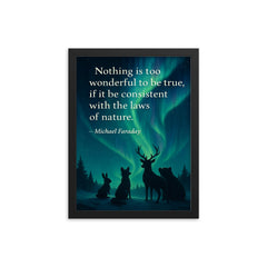 Faraday quote nothing too wonderful amazed animals watching aurora borealis framed print on a plain backdrop in size 12"x16".