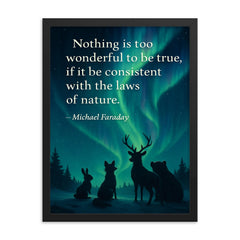 Faraday quote nothing too wonderful amazed animals watching aurora borealis framed print on a plain backdrop in size 18"x24".