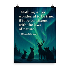 Faraday quote nothing too wonderful amazed animals watching aurora borealis poster on a plain backdrop in size 8"x10".