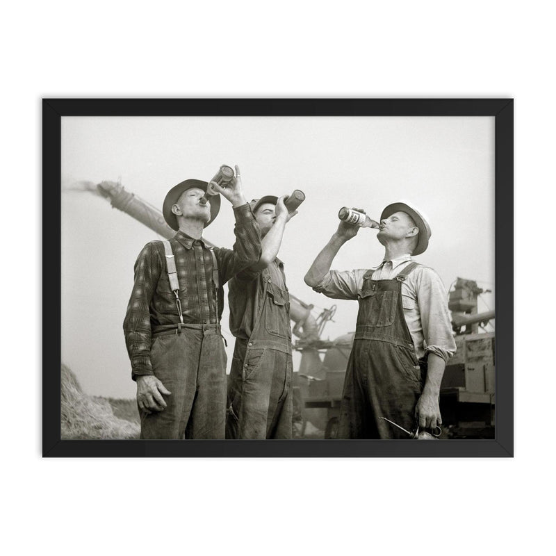 Farmers drinking beer, 1941 framed print on a plain backdrop in size 18