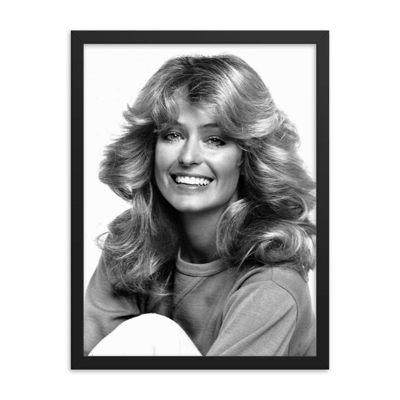 Farrah Fawcett framed print on a plain backdrop in size 18