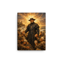 Father Damien among lepers and ocean light canvas print on a plain backdrop in size 12"x16".