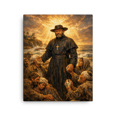 Father Damien among lepers and ocean light canvas print on a plain backdrop in size 16"x20".