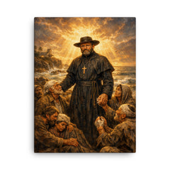 Father Damien among lepers and ocean light canvas print on a plain backdrop in size 18"x24".