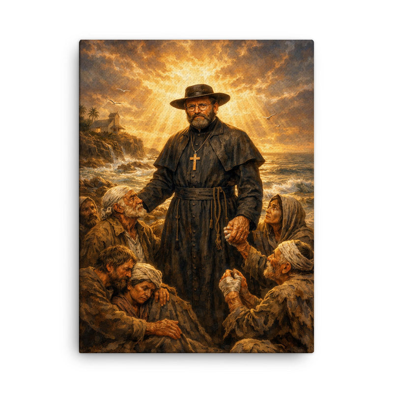 Father Damien among lepers and ocean light canvas print on a plain backdrop in size 18