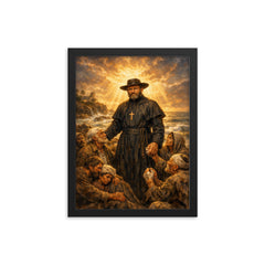 Father Damien among lepers and ocean light framed print on a plain backdrop in size 12"x16".