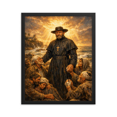 Father Damien among lepers and ocean light framed print on a plain backdrop in size 16"x20".