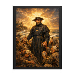 Father Damien among lepers and ocean light framed print on a plain backdrop in size 18"x24".