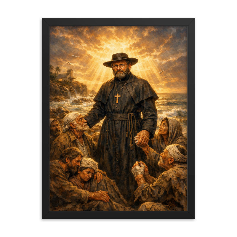 Father Damien among lepers and ocean light framed print on a plain backdrop in size 18