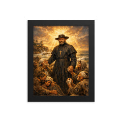 Father Damien among lepers and ocean light framed print on a plain backdrop in size 8"x10".
