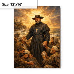 Father Damien among lepers and ocean light metal print on a plain backdrop in size 12"x16".