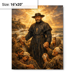Father Damien among lepers and ocean light metal print on a plain backdrop in size 16"x20".