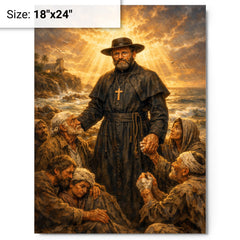 Father Damien among lepers and ocean light metal print on a plain backdrop in size 18"x24".
