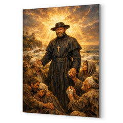 Father Damien among lepers and ocean light metal print mockup