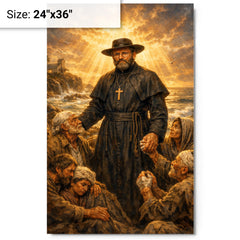 Father Damien among lepers and ocean light metal print on a plain backdrop in size 24"x36".